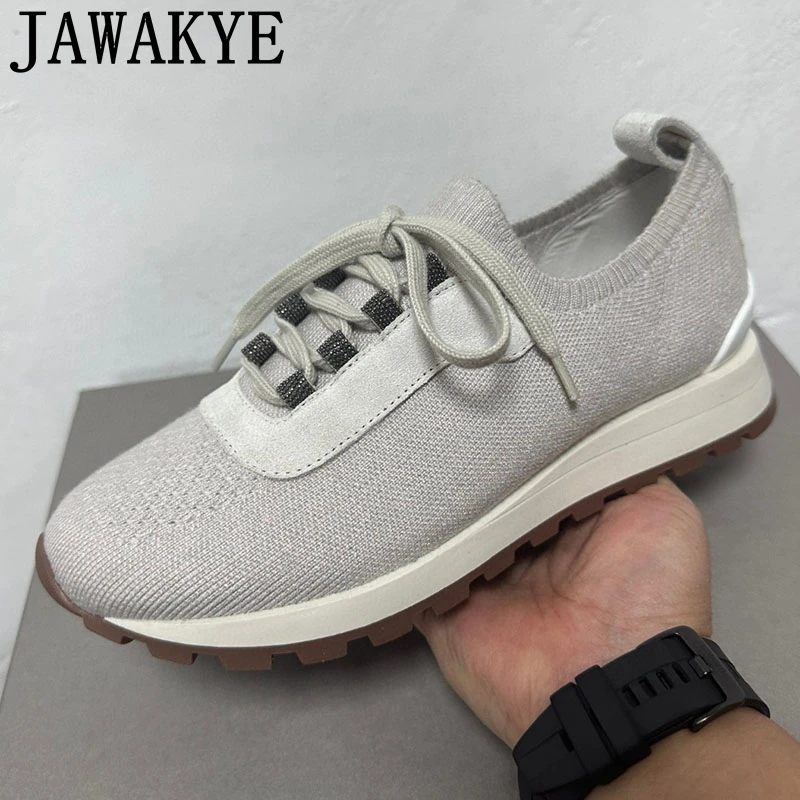 

Туфли женские трикотажные на шнуровке, дышащие кроссовки, повседневная обувь для вождения, плоская подошва, круглый носок, на весну