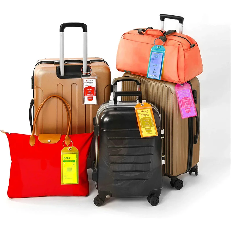 5pcs PVC Fluorescent Colorful Cruise Luggage Tag Holder Stainless Steel Wire Rope Key Chain Boarding Pass Travel Tag Card Cover