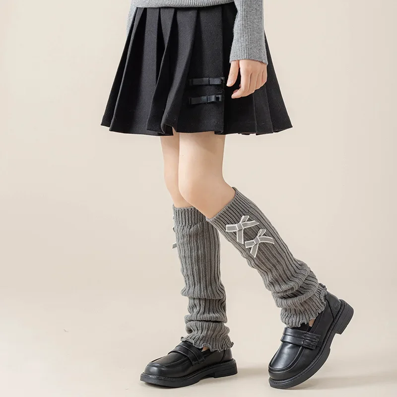 Children leg warmers children knee high socks 3-12 year sweet Korean calf sock for kids girl fashion bow solid color soft cotton autumn