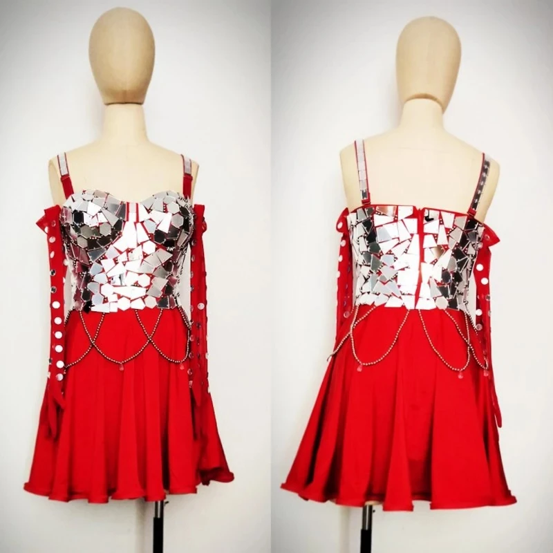 

Women Jazz Latin Dance Mirror Dress With Gloves Bar Nightclub Dancer Stage Performance Clothes Festival Party Rave Costume