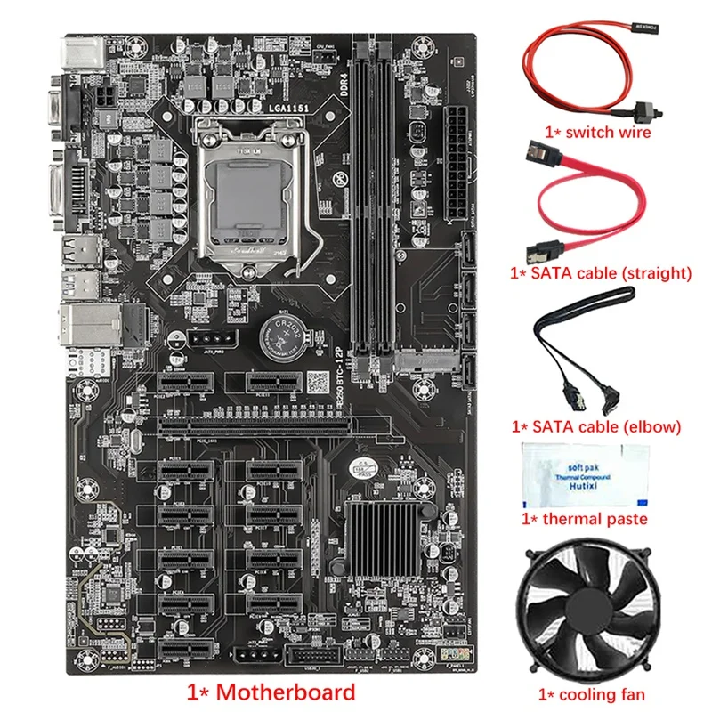 B250B 12 PCIE BTC Mining Motherboard With Fan+Thermal Paste+Switch Cable+2 SATA Cables LGA1151