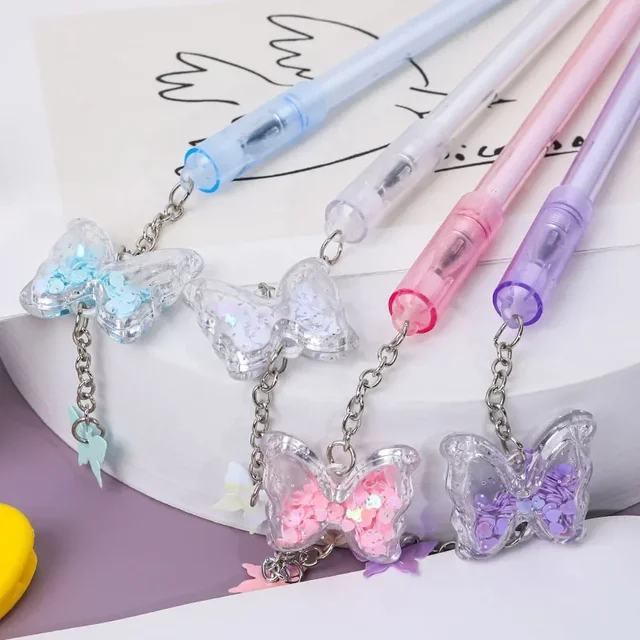 10Pcs/Lot Kawaii Butterfly Pendant Gel Pen 0.5mm Black Ink Smooth Writing Cute Sequin Neutral Pens Kids School Office Stationery 4