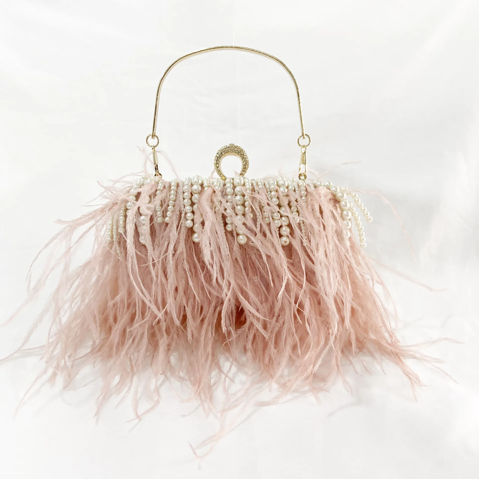 

New Vintage Ostrich Feather Evening Bag Socialite Fur Hand Banquet Evening Bag Pearl Chain Feather Bag
