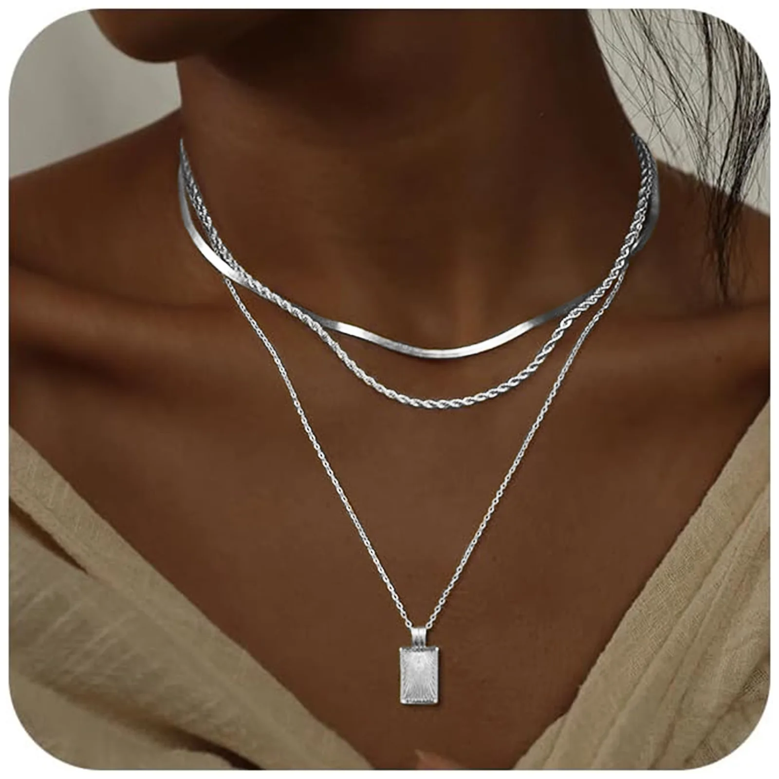 Three Layers Chain Neckalce for Women Flat Snake Clavicle Chains Waterproof Square Pendant Choker Boho Collar Jewelry Wholesale