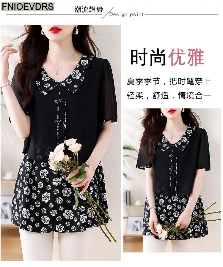 L-5XL Loose Clothes 2024 Women Summer Short Sleeve Elegant Ruffles Shirts Casual Retro Floral Tunic Peplum Tops And Blouses
