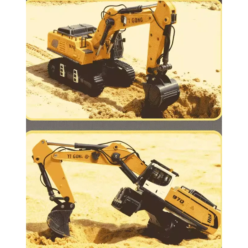 970 RC 굴삭기 1/50 엔지니어링 차량 원격 제어 전동 리프팅 굴착기 금속 버킷 트랙 조명 사운드 RTR 배터리