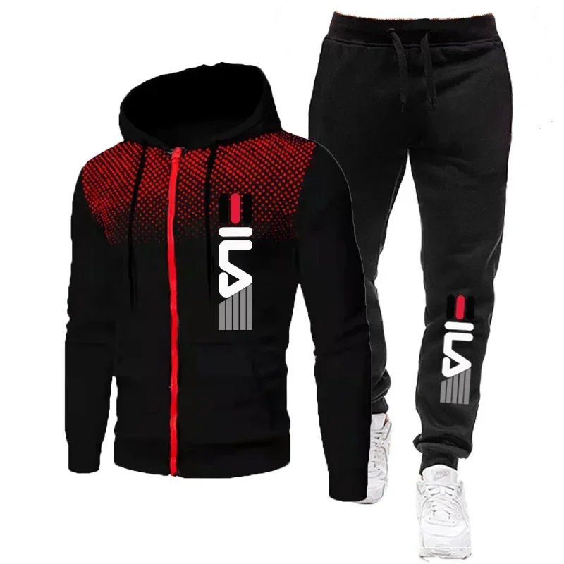 thumbnail image 1 of Chándal de dos piezas para hombre, chándal de manga larga con cremallera y estampado, Abrigo con capucha y pantalones largos de chándal, ropa deportiva para exteriores, Otoño e Invierno, 1 of 4