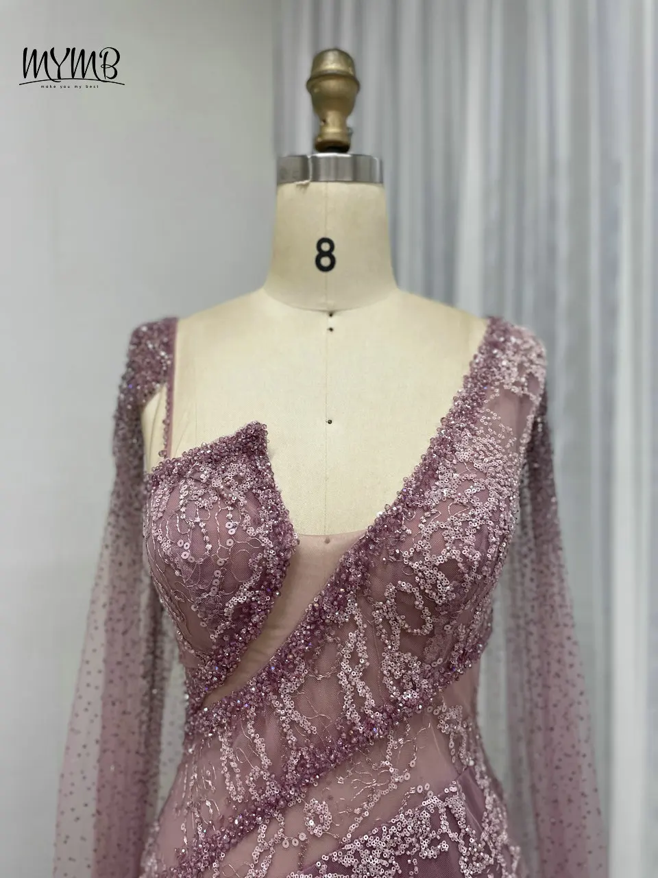 Mymb Luxus arabische Meerjungfrau Seite Schlitz rosa Abend party Kleid für besondere Ereignisse schöne Umhang Ärmel Perlen Hochzeit Gast kleid – Detail 6