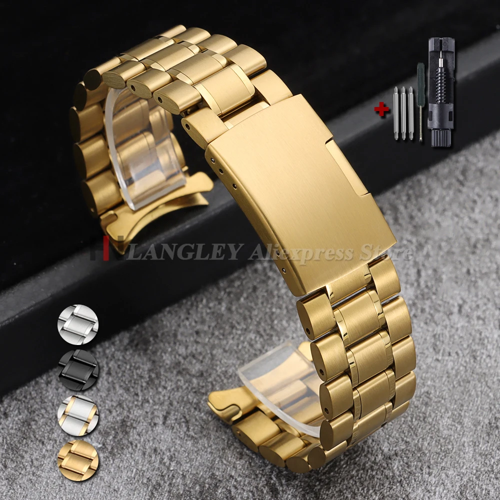 Sleek Stainless Steel Curved-End Watch Strap with Folding Buckle