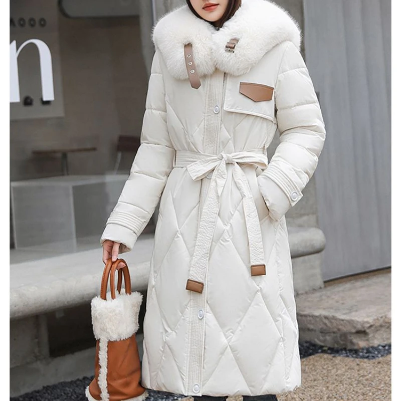 

Fur Collar Long Parka Winter Coat Women 2023 New Long Sleeve Belt Jacket Outerwear Warm Thickened Casual Coats