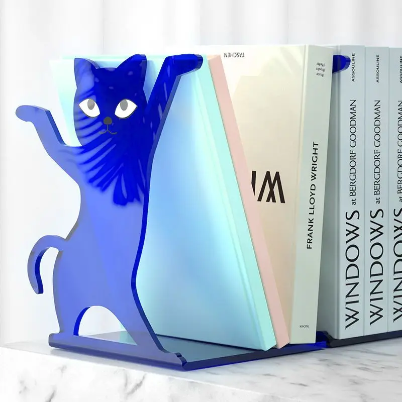 1Pc Transparent Acrylic Bookends Stand Bookshelf Colorful Cat Desktop Decorative Storage Rack Bookend Book Holder Stationery