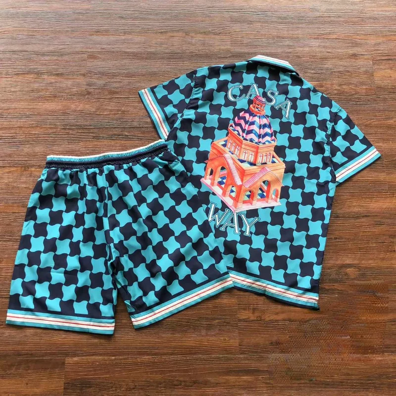 

New 1:1 Casablanca Checkerboard Castle Print Fashion Shirts Men Casablanca Women Plaid Short Sleeve Vintage Tee Shirt