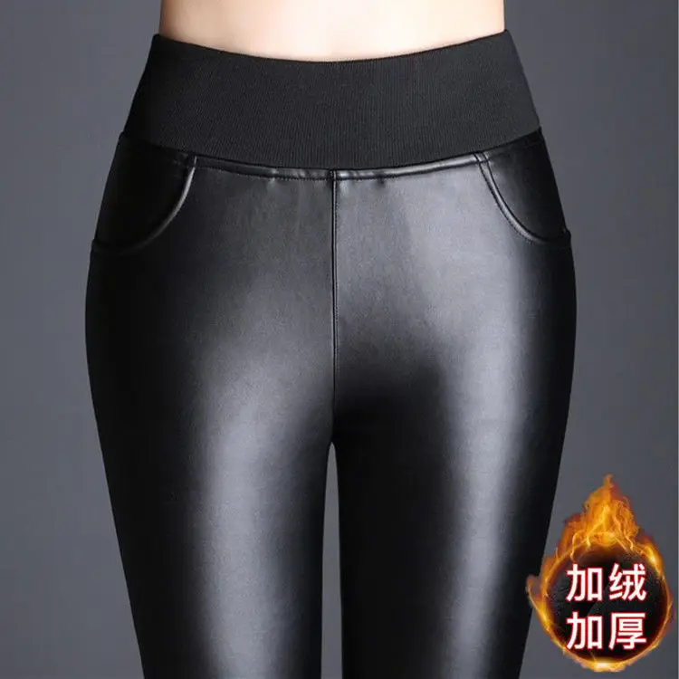 

Winter Woman Leather Pants Women's Fleece-Lined Thickened Pu Pants High Waist Outer Wear Trousers Black Elastic Leggings