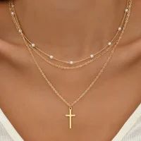 Janelle Multilayer Pearl Cross Love Heart Pendant Necklaces 2