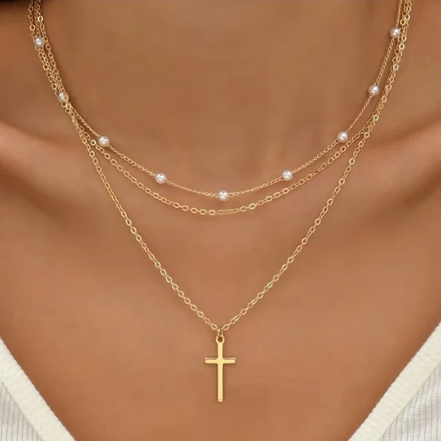 Janelle Multilayer Pearl Cross Love Heart Pendant Necklaces 2