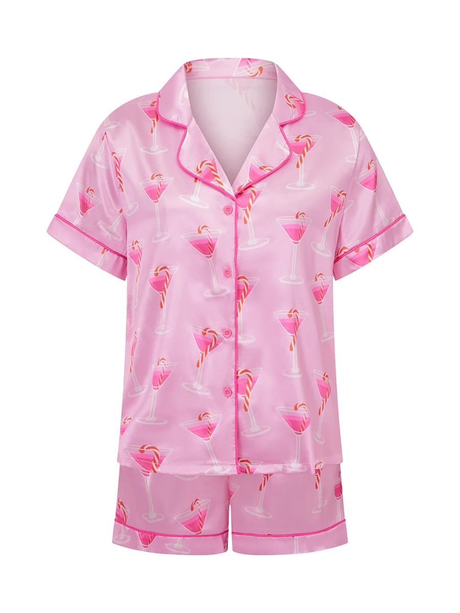 Women s 2-Piece Pajama Set with Fun Cocktail Cups Print Short Sleeve Top and Matching Shorts - Cozy Loungewear for Relaxing