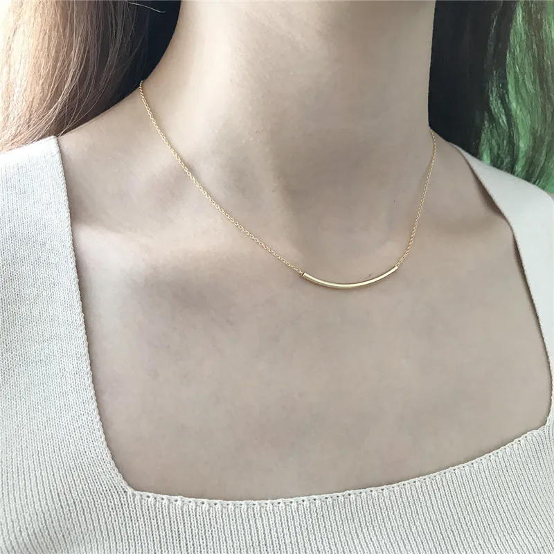 Korea 925 Sterling Silver Thin Square Tube Necklace for Women Simple
