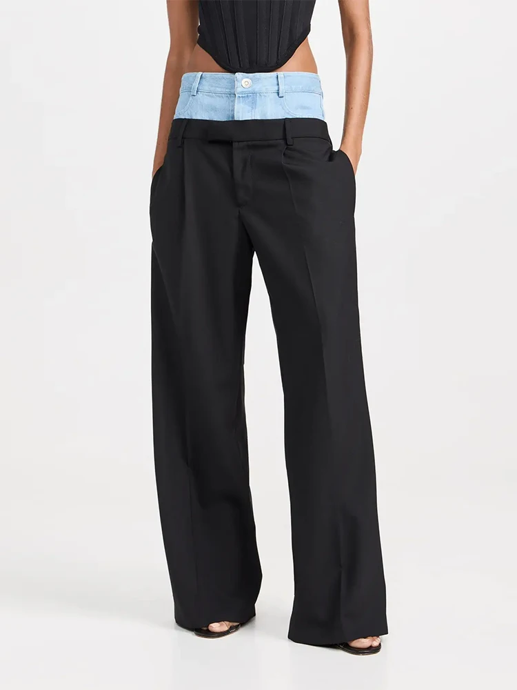 CHICEVER Casual Loose Trousers For Women High Waist Patchwork Raw Hem Hit Color Denim Wide Leg Pants Female Autumn Clothing New