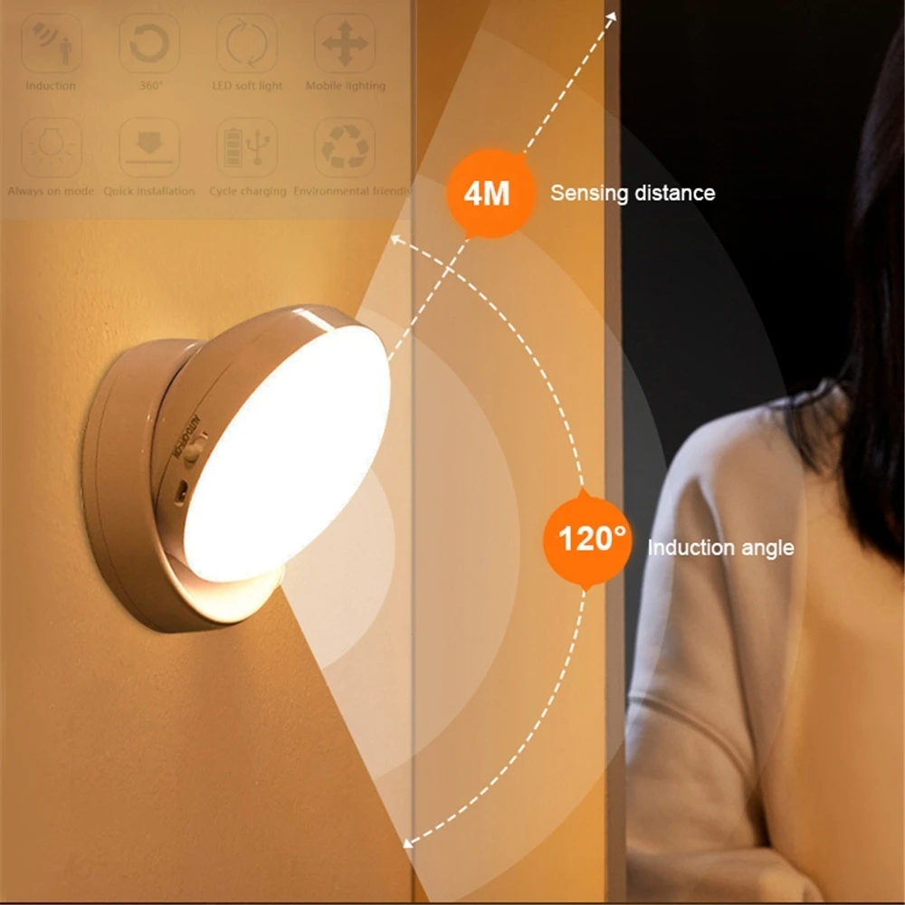 

360 Rotated PIR Motion Sensor LED Night Light Wall Lamps Rechargeable Under Cabinet Light Wireless Closet Night Lamp