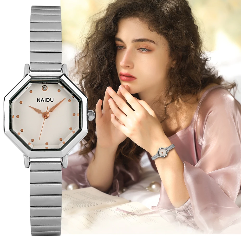 Silver Luxury Women's Gift Set with Box Lady Quartz Octagon Minimalist Watch Exquisite Necklace Earrings Bracelet Gifts for Girl