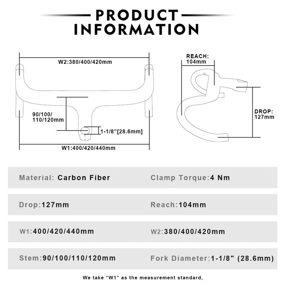 Guidon Vélo Route Carbone Ultra-léger 44 Cm – Cintre Route + Potence 31.8 Mm Pour Tous Vélos