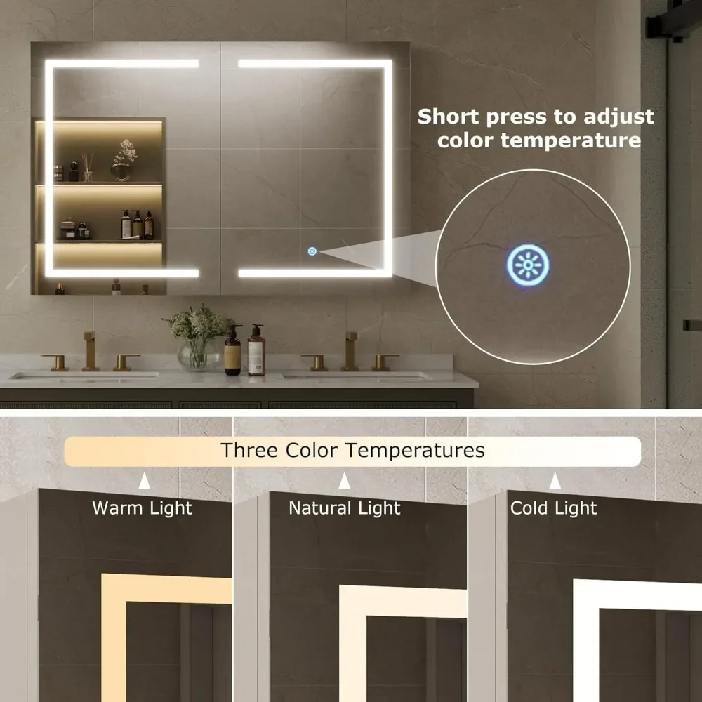 LED Dimmable 3 Color Lighting Mirror Wall Mounted Medicine Cabinet