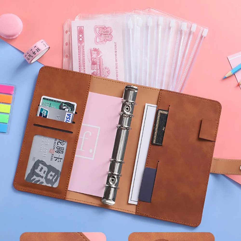 

Photos 6 Round Rings Multi-color Choice Leather A6 Budget Binder Cash Storage Books Envelope Wallet Cash Envelopes