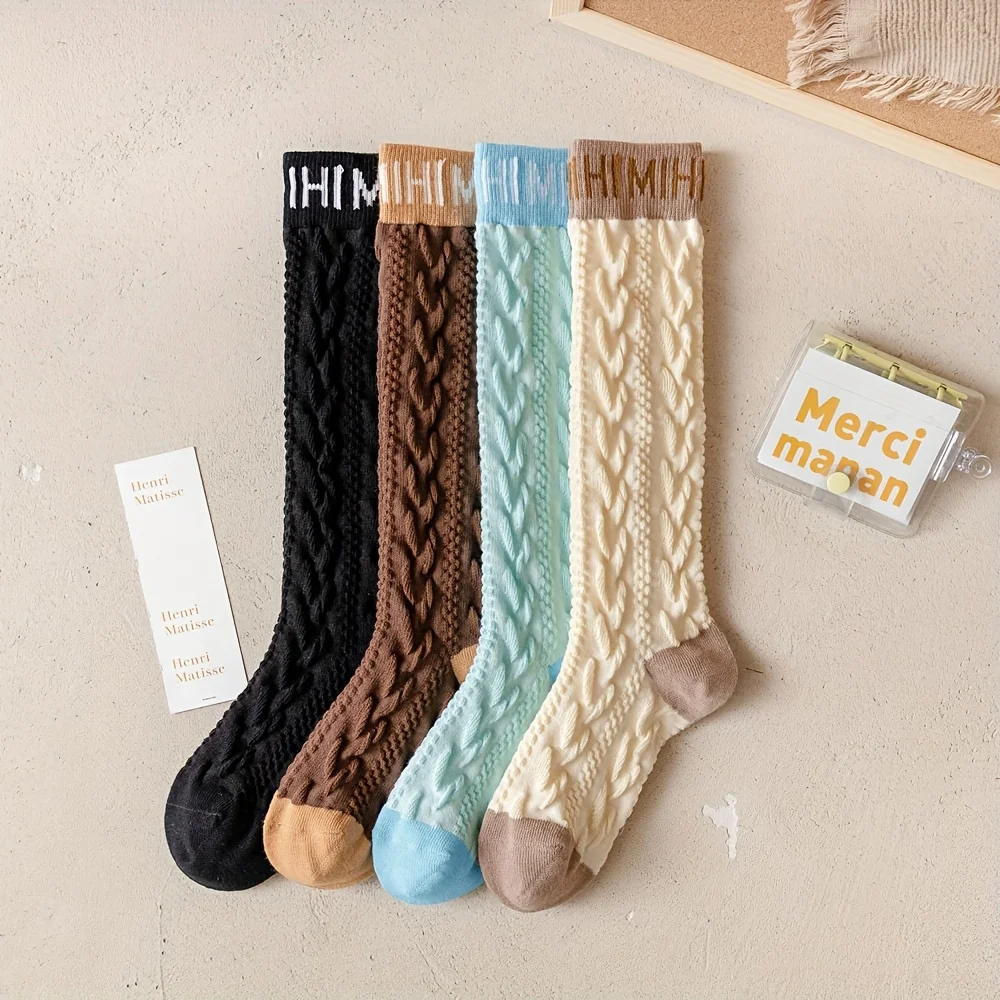 

Japanese Soft Girl Lolita Calf Socks Retro Color Contrast JK Fried Dough Twists High Tube Socks