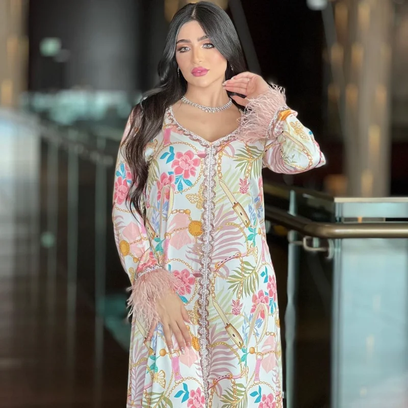 Islam Abaya Dress Fashion Print Hot Diamond Abayas for Women Ostrich Hair Patchwork Loose Women's Dress for Middle East Dubai