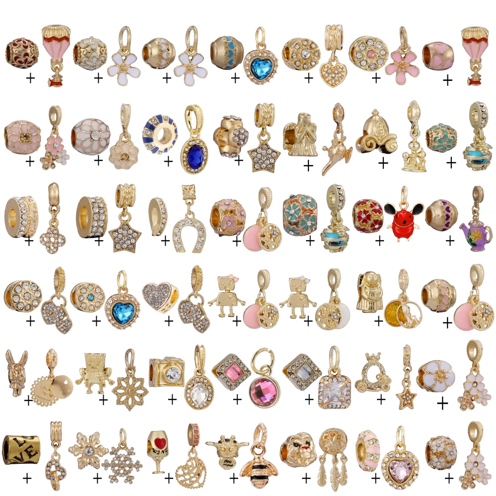 Buipoey 2Pcs/Lot Golden Crystal Bead Flower Charm Heart Tree Of Life Pendant Fit Diy Beaded Bracelet Necklace Handmade Jewelry