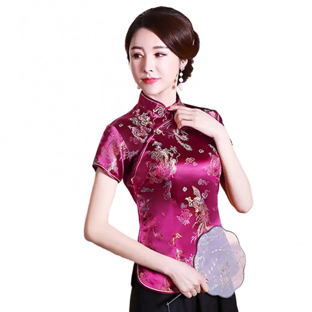 

Women Blouse Shirt Chinese Traditional Cheongsam Qipao Dragon/Phoenix Cheongsam Embroidery Short Sleeve Women Shirt Top Oversize