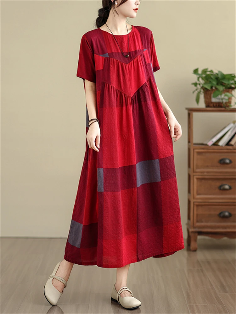 Summer Cotton Vintage Casual Loose Blue Plaid Dresses For Women Short Sleeve Dress Femme Vestidos Elegant Fashion Long Clothing