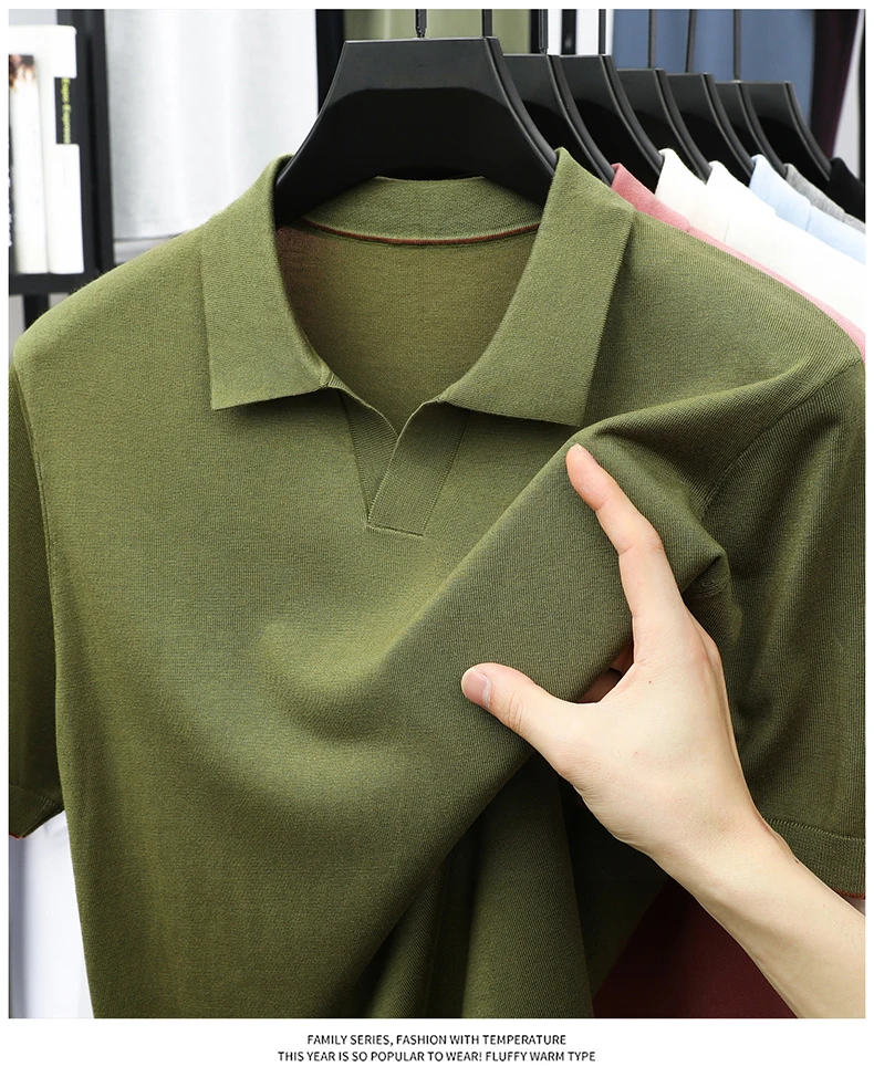 100% Lyocell Knitwear 2025 Men Spring Summer Trendy Turn Down Collar Knit Tees Short Sleeve Breathable Knit Tops