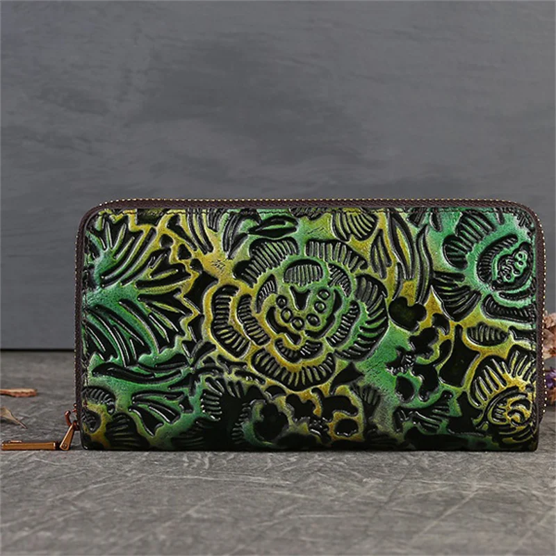 3D Floral Muster Echtes Leder Geldbörse Frauen Echtes Kuh Leder Brieftasche Damen Große Kapazität Rindsleder Kupplung Handtasche