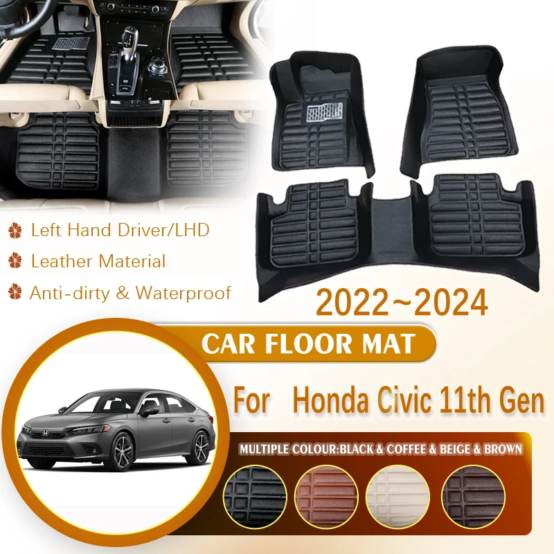 

for Honda Civic 11th Gen Sedan 2022 2023 2024 LHD Car Leather Waterproof Foot Inner Liner Carpet Mats Custom Rug Car Accessories