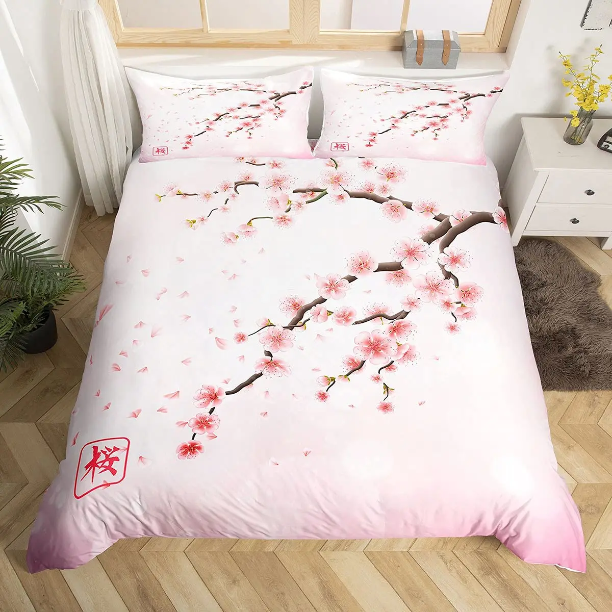 Cherry Blossoms Bedding Set Japanese Style Theme Pink Comforter Cover Set Printed Duvet Cover with Zipper Couple, Twin Size 4
