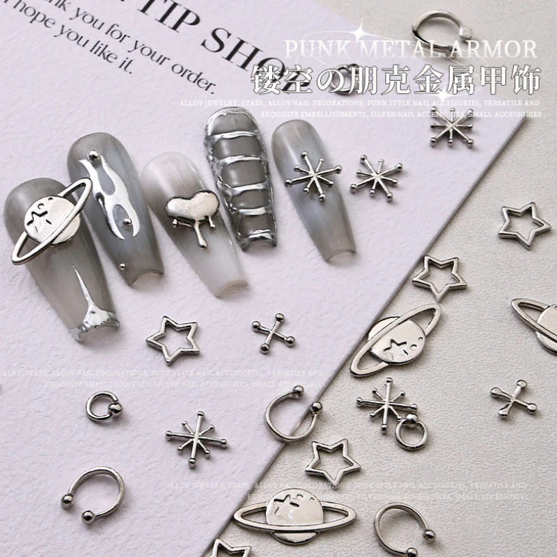 

10Pcs Punk Style Fashion Metal Nail Art Jewelry Decorations Hollow Planets Stars Cross Alloy Manicure Accessories Wholesale