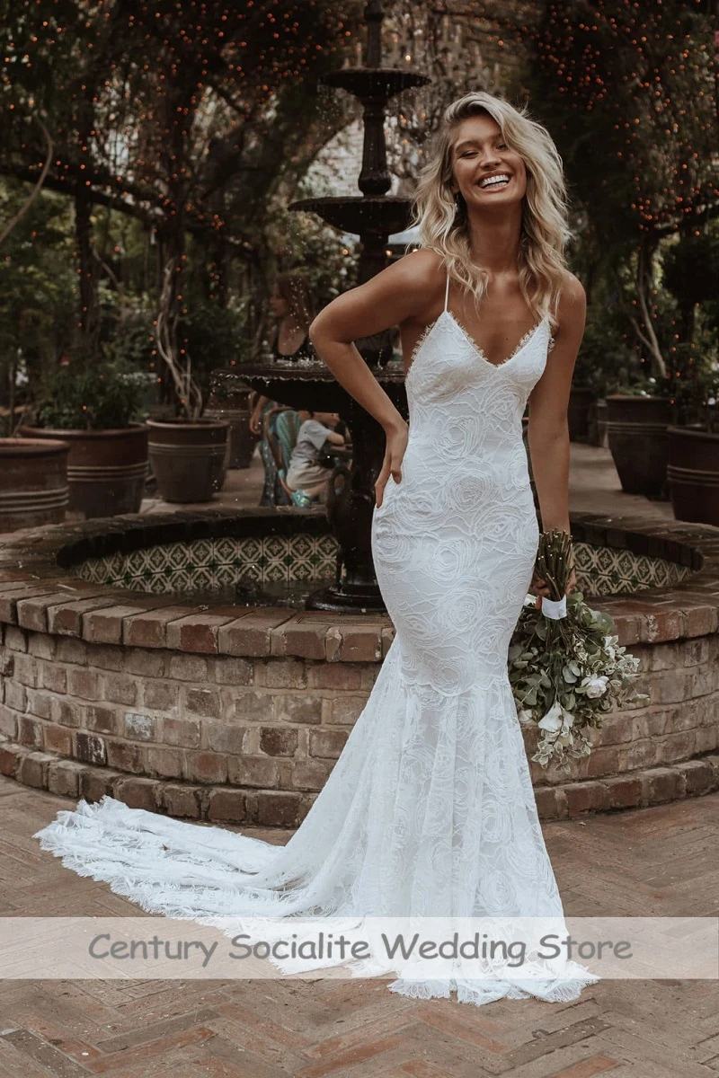 Mermaid Spaghetti Straps Open Backless Wedding Dress Lace Bridal