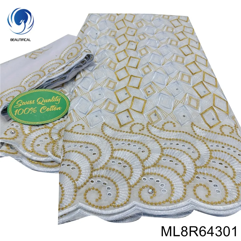 

7 Yards High Quality Embroidered with Hot Drilling Nigerian Swiss Voile 100% Cotton Lace Fabric Big Occasion Dress ML8R643
