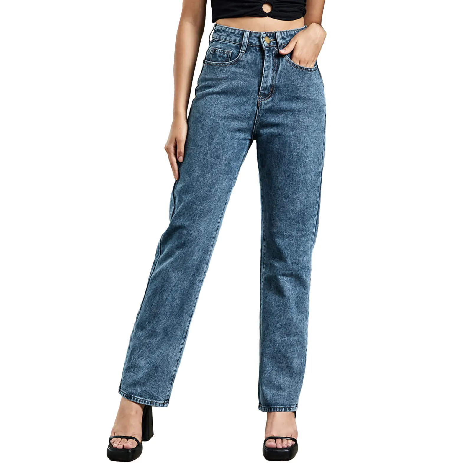 Women Casual Jeans Long Pant Fashion High Waist Zipper Button Solid Color Trousers with Pockets Streetwear