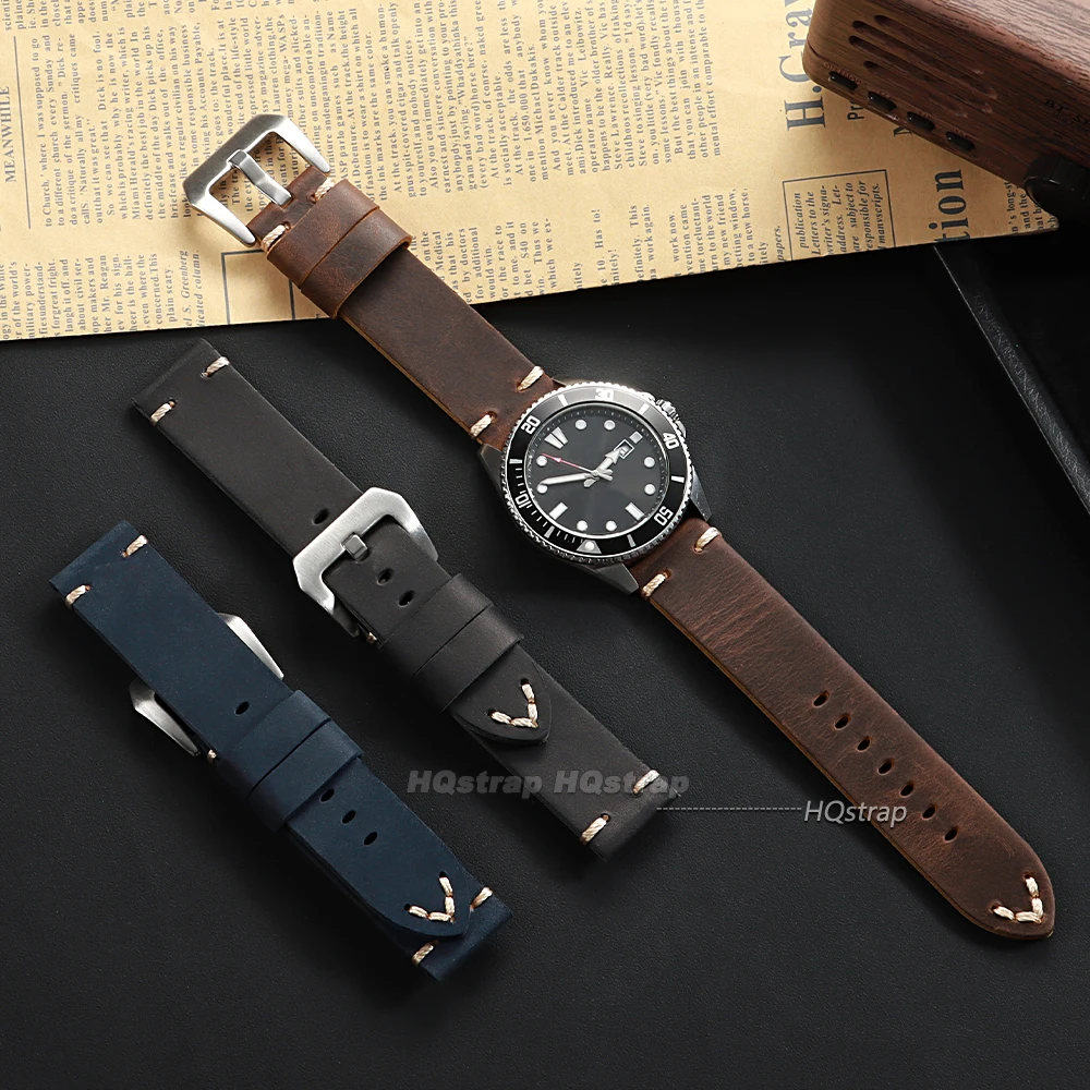 Vintage Crazy Horse Leather Handmade Watch Band with Stitching Details