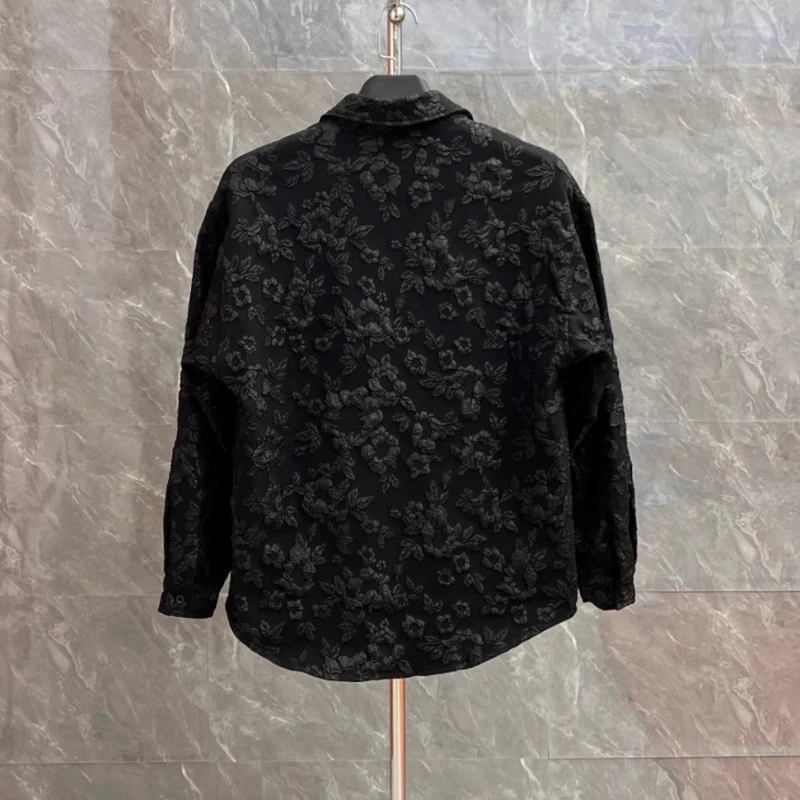 Camicie jacquard galleggianti da uomo vintage frac a maniche lunghe con risvolto versatile top camicia streetwear moda primavera autunno 4