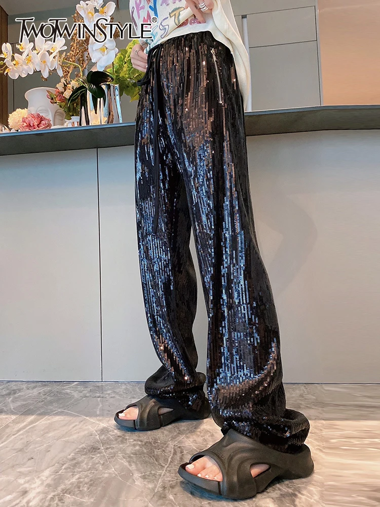 

TWOTWINSTYLE Casual Spring Fashion Wide Leg Pants For Women High Waist Patchwork Sequins Trousers Female Clothing Style New 2022