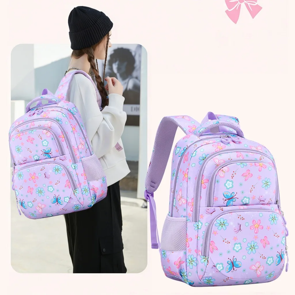 Butterfly Print Backpack Large Capacity Flower Print Backpack Kids School Bag Set Pressure-Relief System Insulated Lunch Bag 5