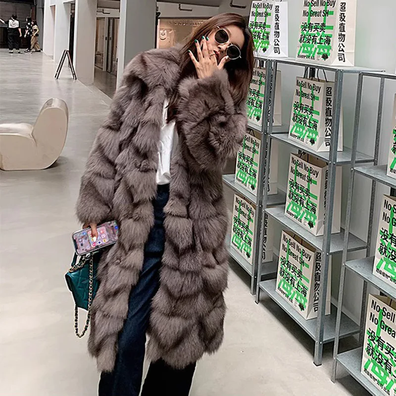 Long Faux Fox Fur Coat for Women Brown Fluffy Jacket Casual Overcoat Thick Warm Coat Imitation Fur Loose Women's Winter Fur Coat
