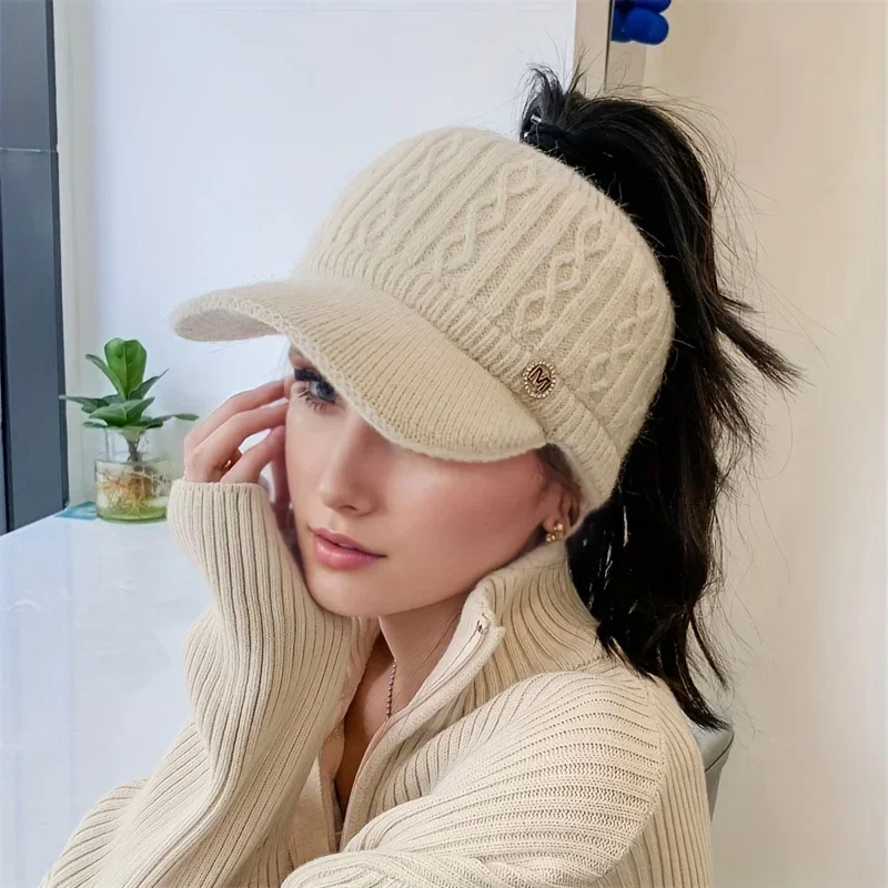 Women's Knitted Ponytail Sunshade Hat Baseball Hat with Adjustable Shoulder Straps Autumn Winter