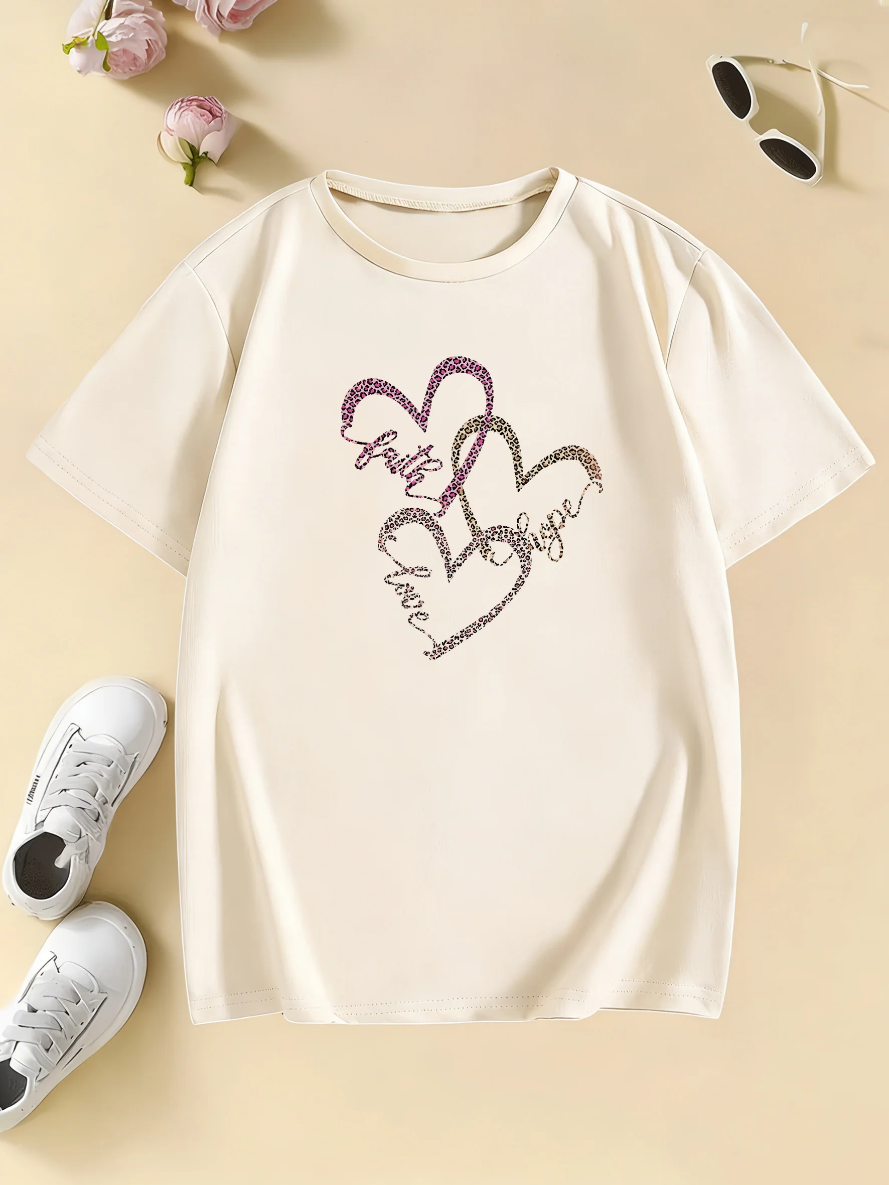 Children's Leopard Print Heart T-Shirt - Casual Spring/Summer Tee
