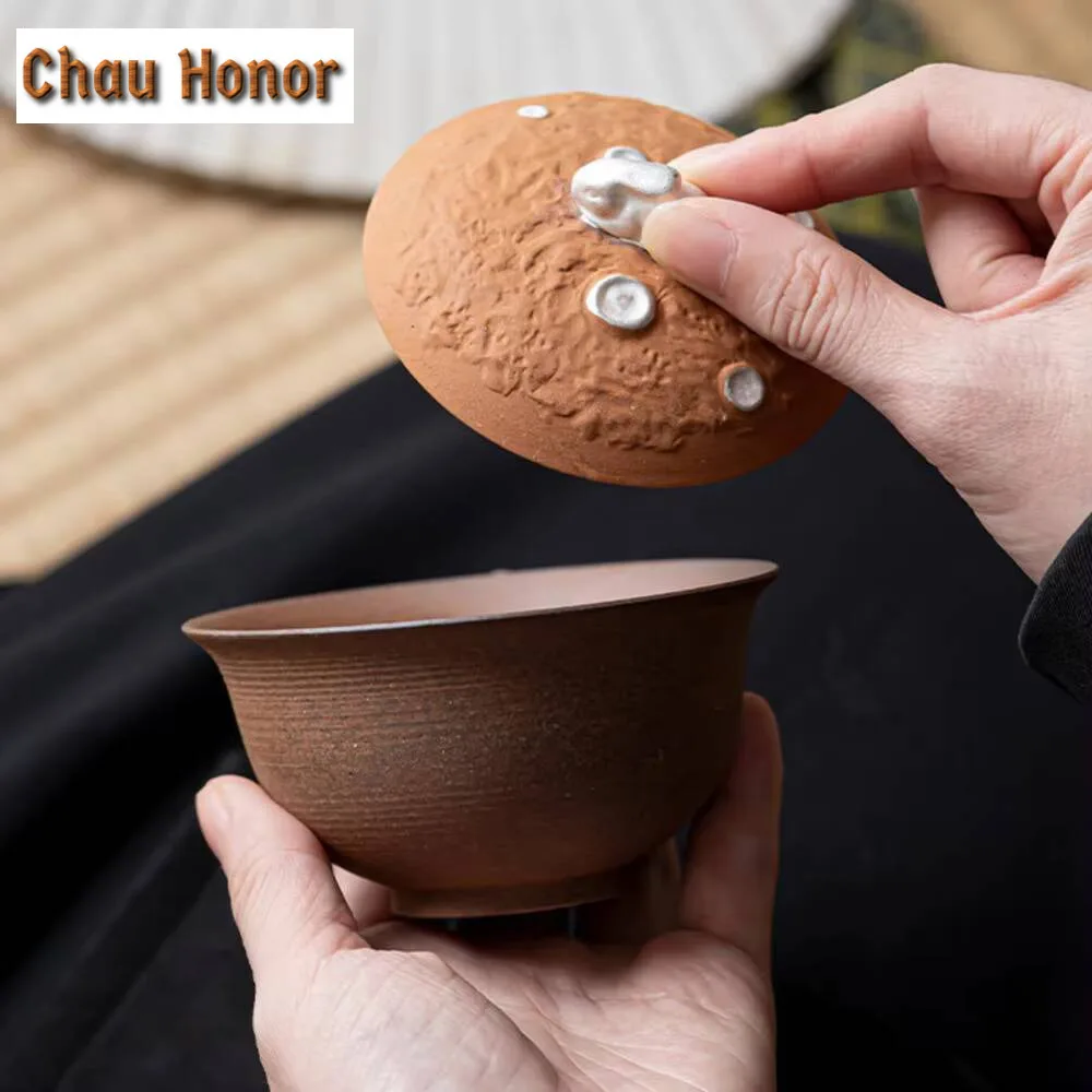 150ml Handmade Rough Pottery Gaiwan Aesthetic Old Rock Mud Rabbit Tea Tureen Chinese Tea Making Cover Bowl Tea Ceremony Craft