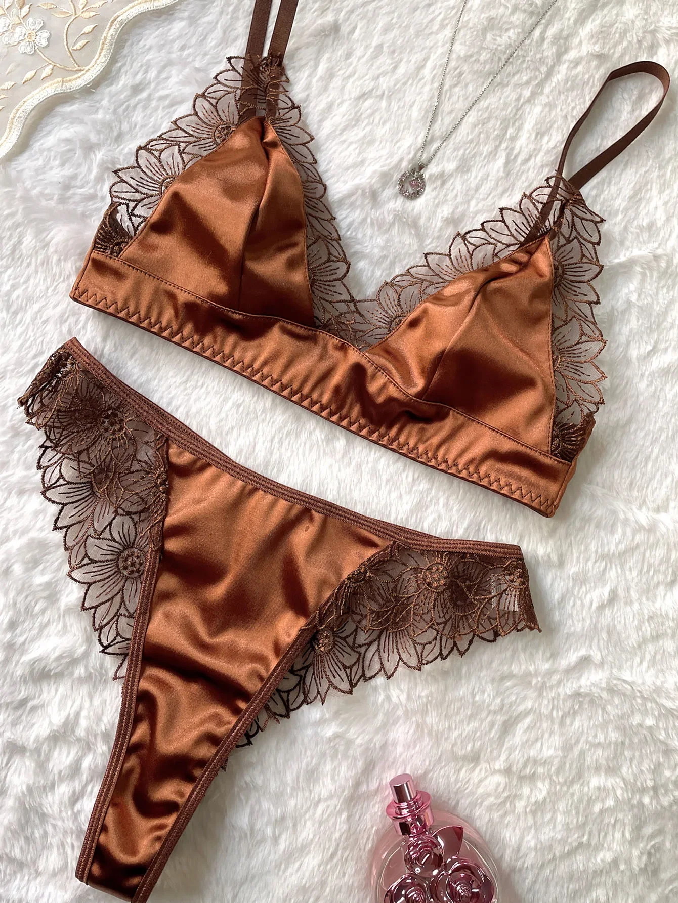 Solid Color Embroidered Embellished Underwear Set, Intimates Bra ...