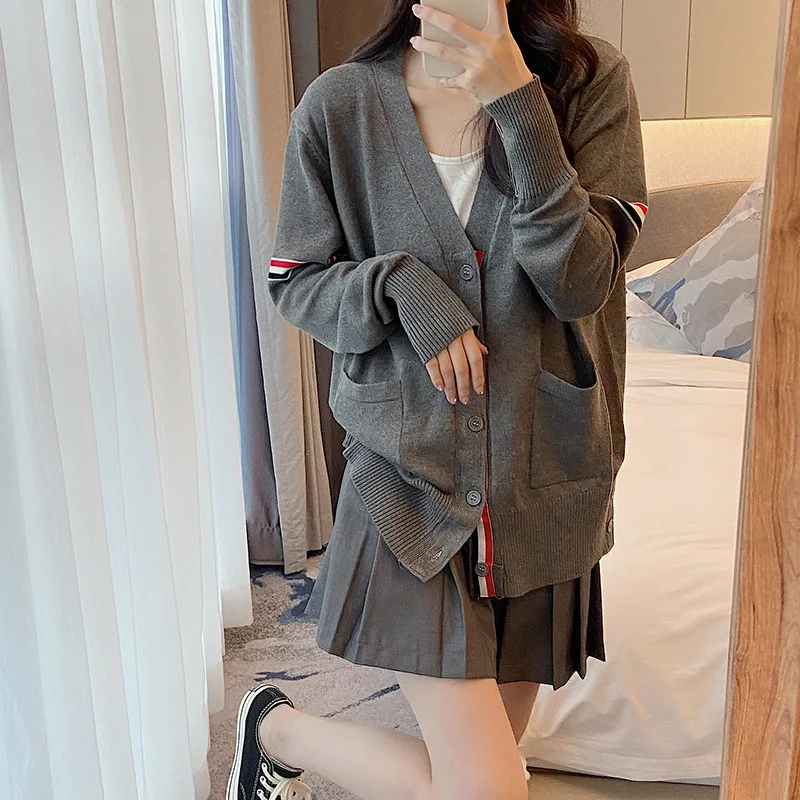 

High Quality Korean Style New TB Cardigan Unisex Men's Slim Fit Double Sleeve Ribbon 5 Button Wool Knit Fashion